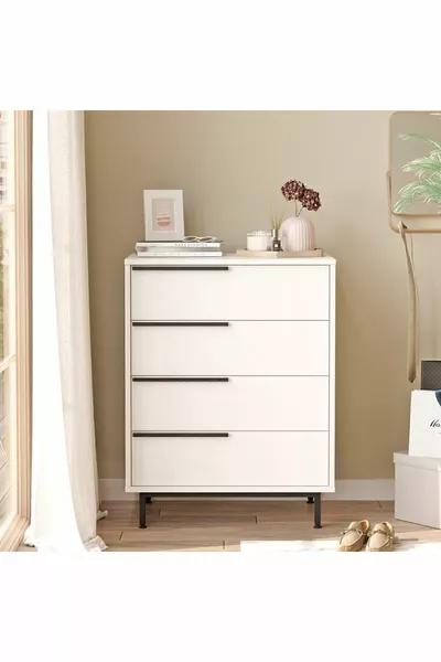 خزانة بوهيمية 4 أدراج بأرجل معدنية باللون الأبيض -W