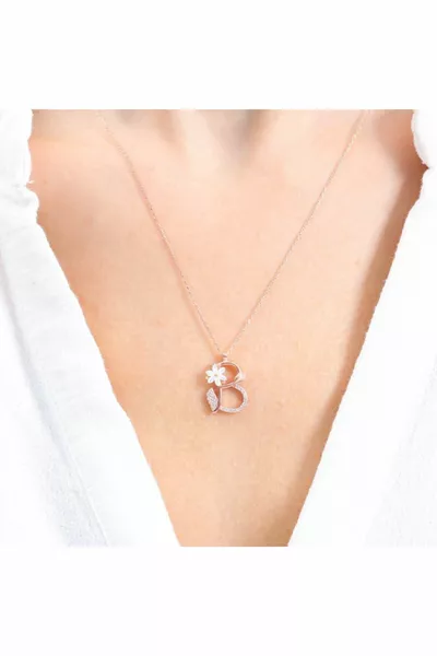 Sparkling Magnolia Flower B Letter Rose Color Silver Letter Necklace