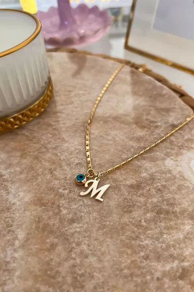 M Letter Necklace with Evil Eye Bead, Letter Necklace, Elegant Jeweler Chain, Personalized Gift