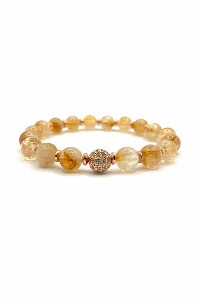 Цитрин - Хематит Натурална Каменна Гривна с Циркони, 8 мм