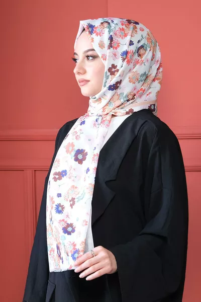 Floral Pattern White Cotton Shawl