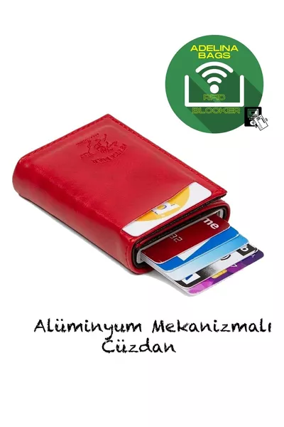Adelina Unisex Rood Aluminium Mechanisch Glijdend Kaarthouder Portemonnee Accessoire