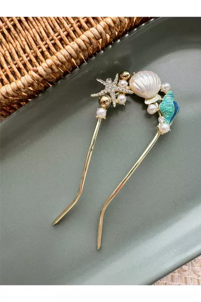 دبوس شعر ياباني على شكل نجمة البحر وصدفة البحر