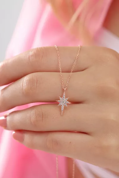 Sterling Silver Chain Rose Plated Zodiac Star Necklace with Zircon Stones