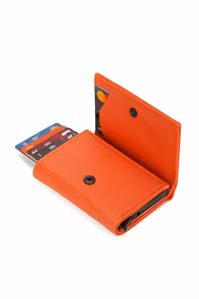 محفظة برتقالية جلد نباتي للجنسين مع قسم للنقود وآلية انزلاق حاملة بطاقات
