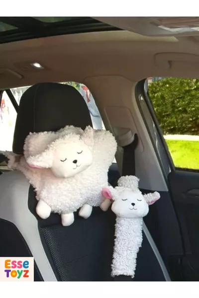 Set Cuscino da Collo Auto e Copri Cintura di Sicurezza in Peluche con Agnellino Bianco (1 Cuscino + 1 Copri)