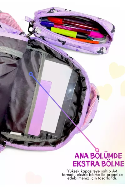 3-Piece Set Elementary School Backpack Character Pattern Set for Girls Lilac First School Backpack