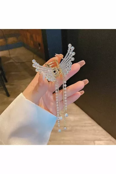 Fermaglio per capelli a farfalla con pietre, fermaglio artigianale con diamante sintetico, clip per capelli con nappine di perle