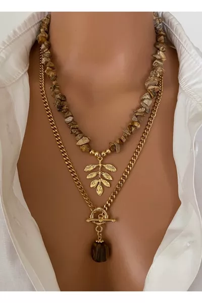 (مجموعة مزدوجة) حجر طبيعي بني / حجر خشبي بيج مع طلاء ذهبي، سلسلة عتيقة، قلادة نسائية خاصة