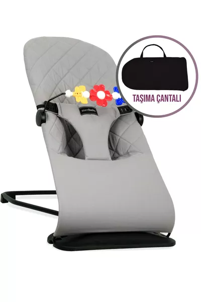 كرسي هزاز للأطفال بدمية قطنية - رمادي - مع حقيبة حمل