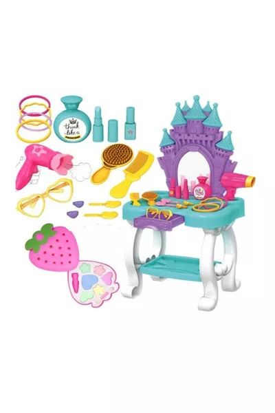 Gift Toy Castle Beauty Table with Mirror and Accessories + Wearable Strawberry Makeup Set for Girls