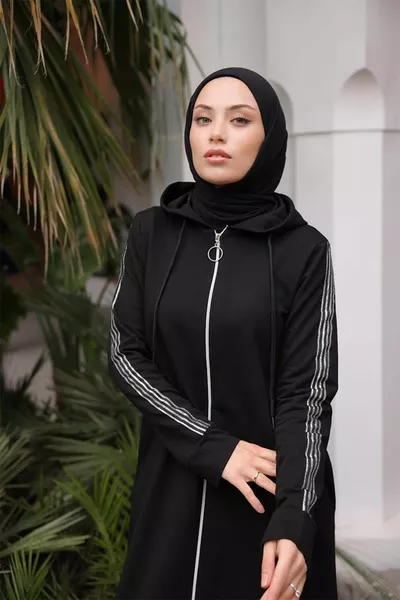 Vorne Fermar Kapuze Sport Abaya  Schwarz