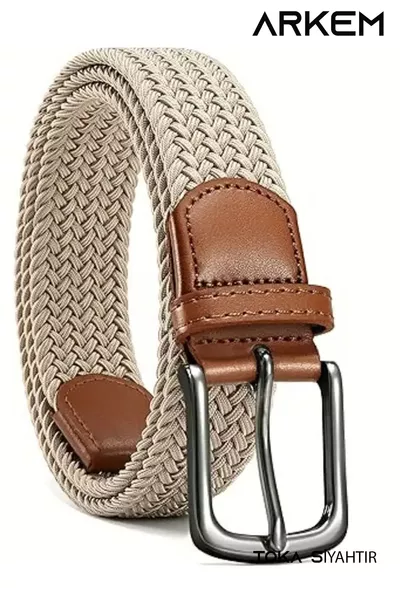 حزام مطاطي محاك، حزام بيج، حزام رجالي رياضي، للجينز والشورت، عرض 3.5 سم