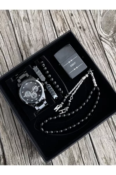 Black Men's Wristwatch Lighter Tasbih Bracelet Set