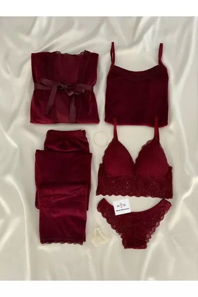 طقم نوم وترنجات من المخمل القرمزي 5 قطع للملابس الداخلية وملابس البيت