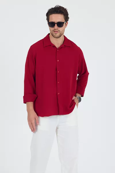 قميص رجالي أزرق بورجوندي فضفاض بنسيج الكتان