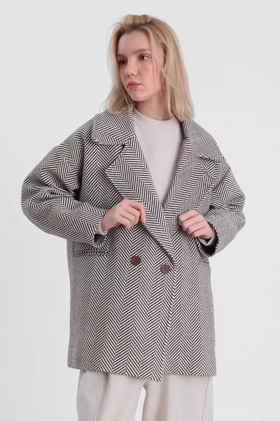 Dames Oversized Wolmix Jas met Zakken en Visgraat Dessin Bruin