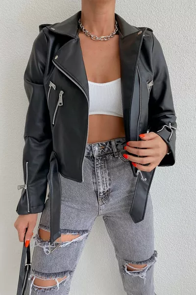 Kadın Siyah Cep Detaylı Deri Ceket