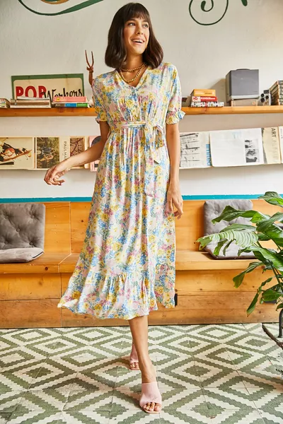 Dames Jurk van geweven viscose met gele knopen en ceintuur, met mouwdetail 