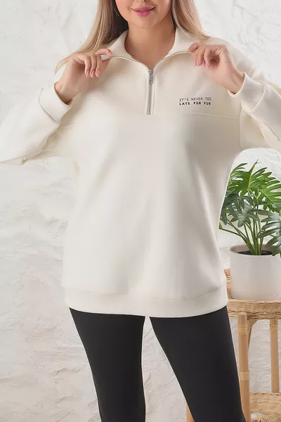 Kadın Oversize Fermuarlı Dik Yaka Slogan Baskılı 3iplik Içi Polarlı Tunik Sweatshirt