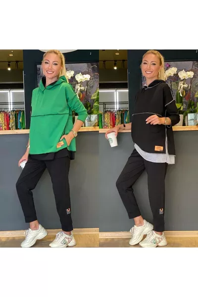 Women's Black Hoodie with Hem Detail and Emblem Two-Piece Set