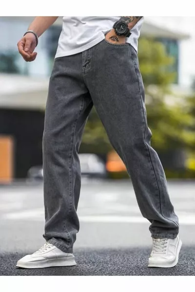 Men's Acid Wash Distressed Grey Denim Baggy Jeans