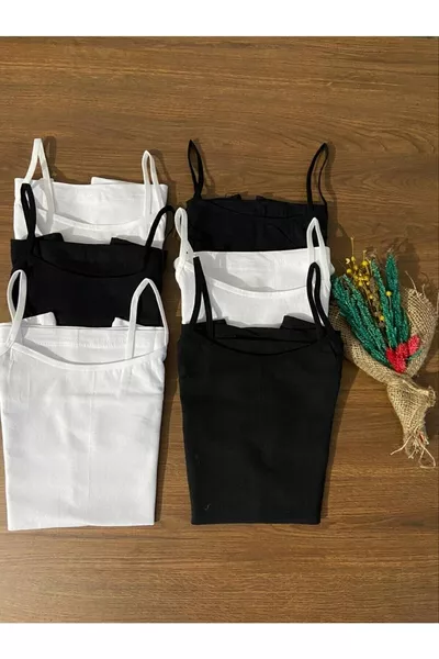 Дамски комплект от 6 черно-бели трикотажни потника с ликра и тънки презрамки