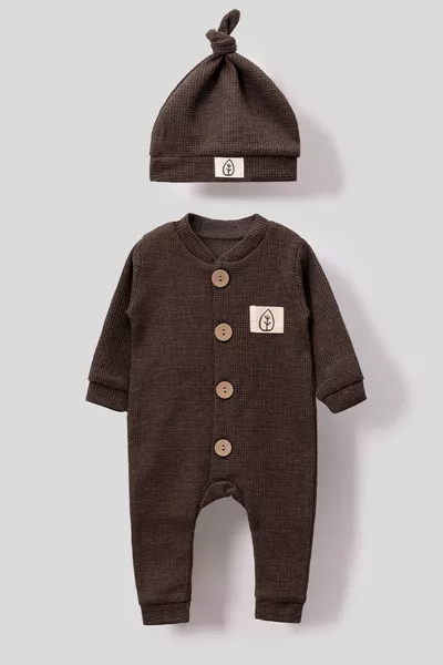 Unisex Wooden Button Detailed Hat Waffle Stylish Baby Romper - Brown