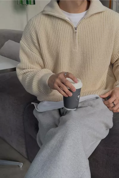 كنزة رجالية من الفرو الصناعي بفتحة سحاب وياقة صيد بحجم كبير