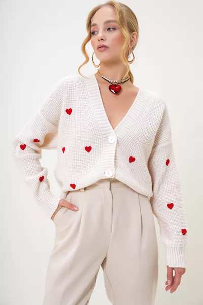 Women's Ecru V-Neck Cardigan with Heart Embroidery Knit 