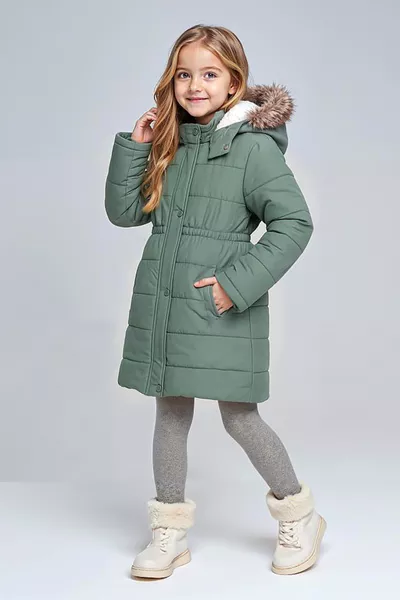 Thick Fiber-Filled Water, Wind, and Rainproof Hooded Girls' Luxury Green Puffer Winter Jacket