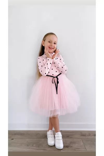 فستان طويل الأكمام للبنات، فستان أميرة بتول كثيف، منقط وقابل للتمدد بالليكرا، باللون الوردي