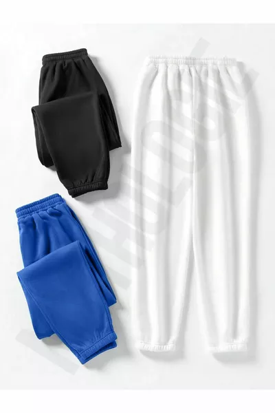 Тройка безплатни джогър панталони - Черно, Синьо, Бяло, Еластичен подгъв, Висока талия