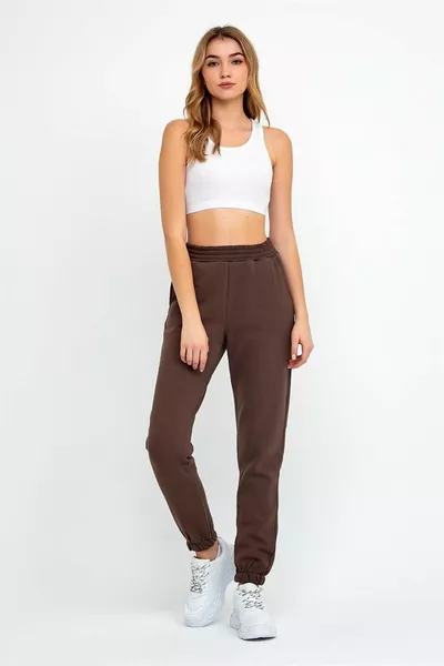 Kadın Beli Ve Paçası Lastikli Üç Iplik Örme Eşofman Altı Jogger Kahverengi