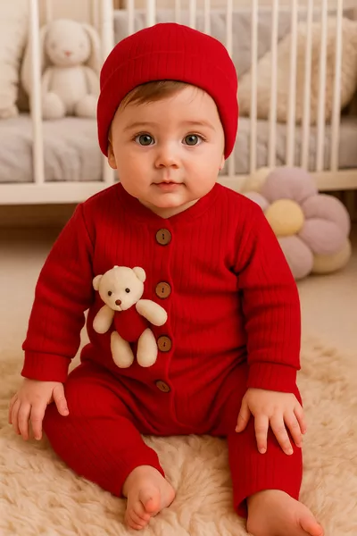 مجموعة من مريول وقبعة للأطفال مع دب محشو – ناعمة وأنيقة بمناسبة العيد