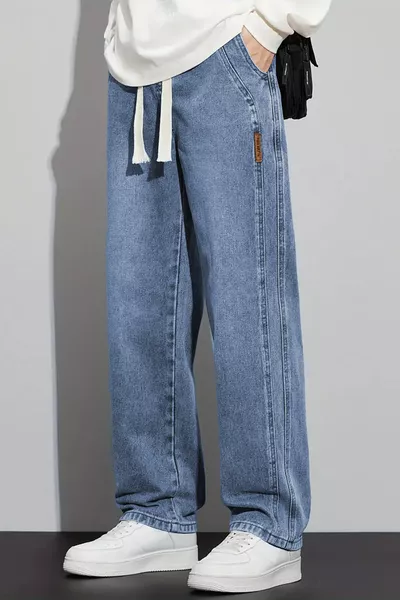Erkek Mavi Baggy Beli Lastikli Likralı Düz Paça Bol Kesim Esnek Jean Denim Kot Pantolon