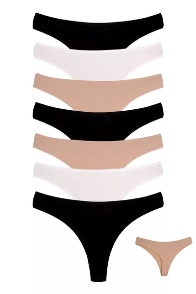 Dames Zwart Ecru Tanga van Katoen met Lycra, 7-Delige Set 