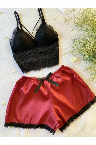 Burgundy Satin Shorts Bralette Set