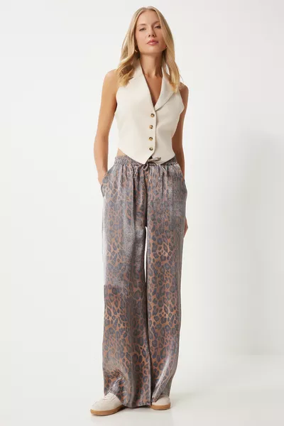 Damen Schwarze Beige Leopardenmuster Glänzende Weite Hose 