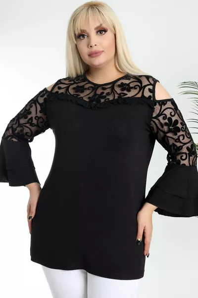 Black Ruffle Sleeve Off-Shoulder Flok Print Tulle Detail Plus Size Designer Blouse