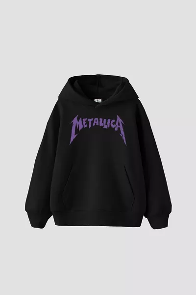 Metallica Mor Sırt Baskılı Siyah Oversize Kapüşonlu Hoodie