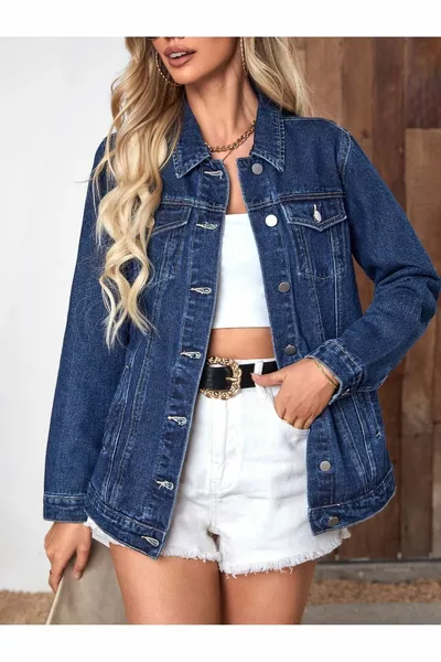 جاكيت جينز نسائي أزرق داكن بقصة بوي فريند