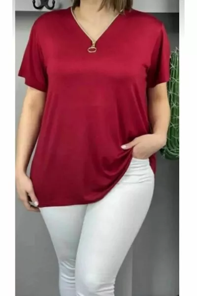Burgundy Viscose Fabric Short Sleeve Comfortable Plus Size Women's Blouse with Zipper Detail