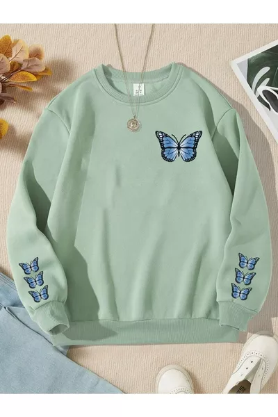 Sweat-shirt pour fille imprimé papillon bleu vert menthe