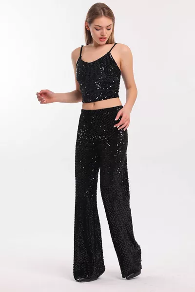 Lined Elastic Wide-Leg Sequin Plus Size Evening Pants |  Black Black