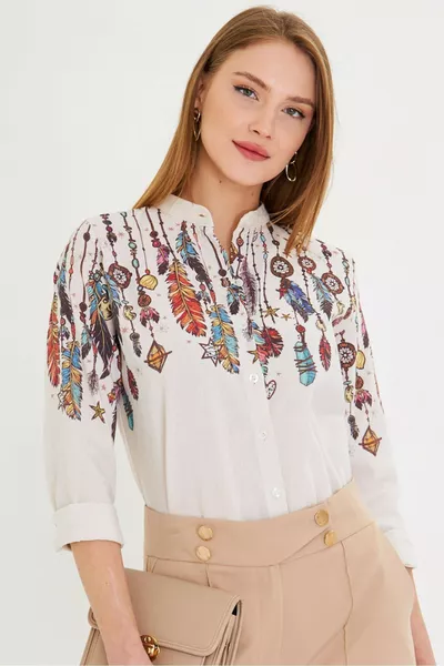 Camicia Donna con Collo alla Coreana e Fantasia 