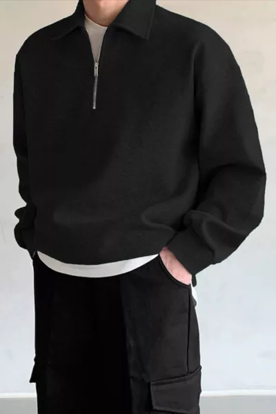 سويت شيرت رجالي بزر نصف مع ياقة قميص واسعة