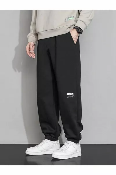 Clever Vintage Долнище за джогинг - Черно с щампа, висока талия и ластични крачоли