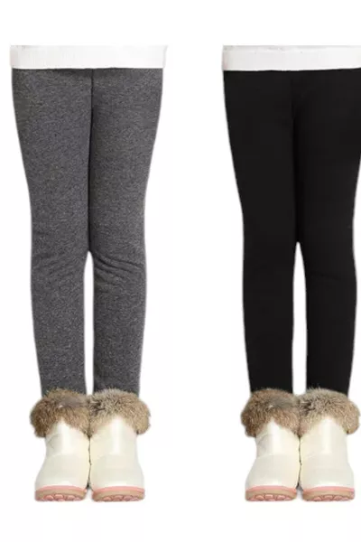 LEGGINGS TERMICI PER BAMBINA CON PILE, COLORE GRIGIO ANTRACITE SCURO & NERO, CON ELASTICO IN VITA, CONFEZIONE DA 2, IN LYCRA
