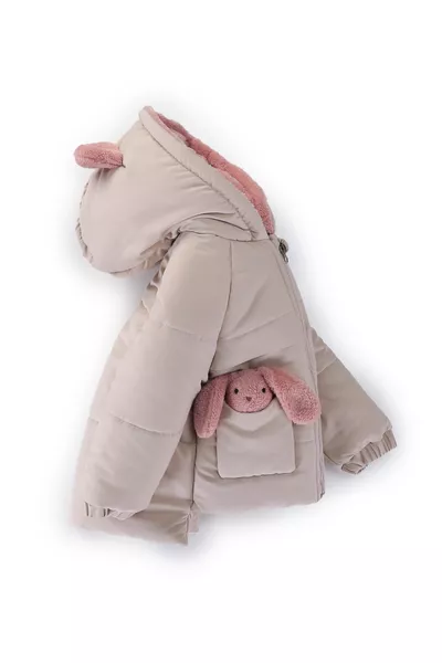 Trendy Cute Baby Toy Rabbit Furry Lined Soft Fabric Pocket Hooded Winter Coat